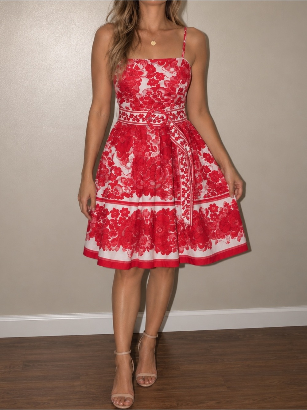 JOIE Red White Pleated Floral Belted Coquette Preppy Dress Size 12